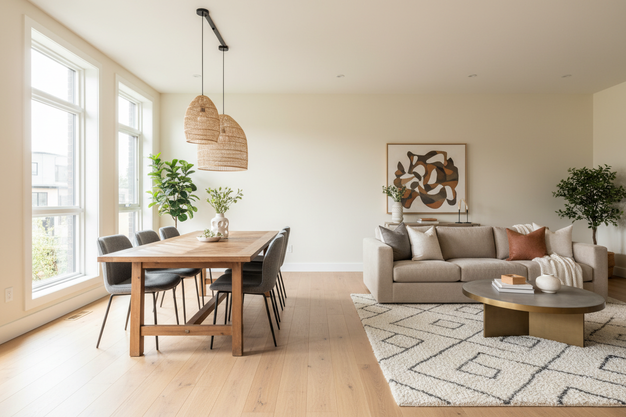 Woonkamer met tafel en stoelen en bank