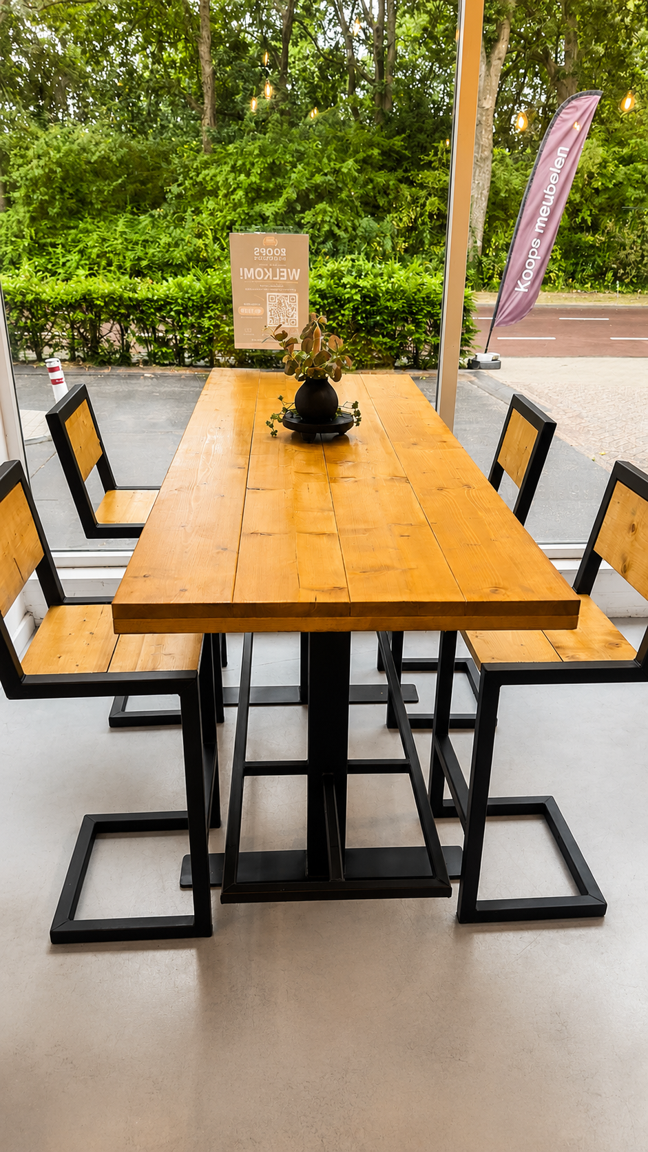 Industriële bartafel 165 cm – steigerhout licht eiken & zwart staal
