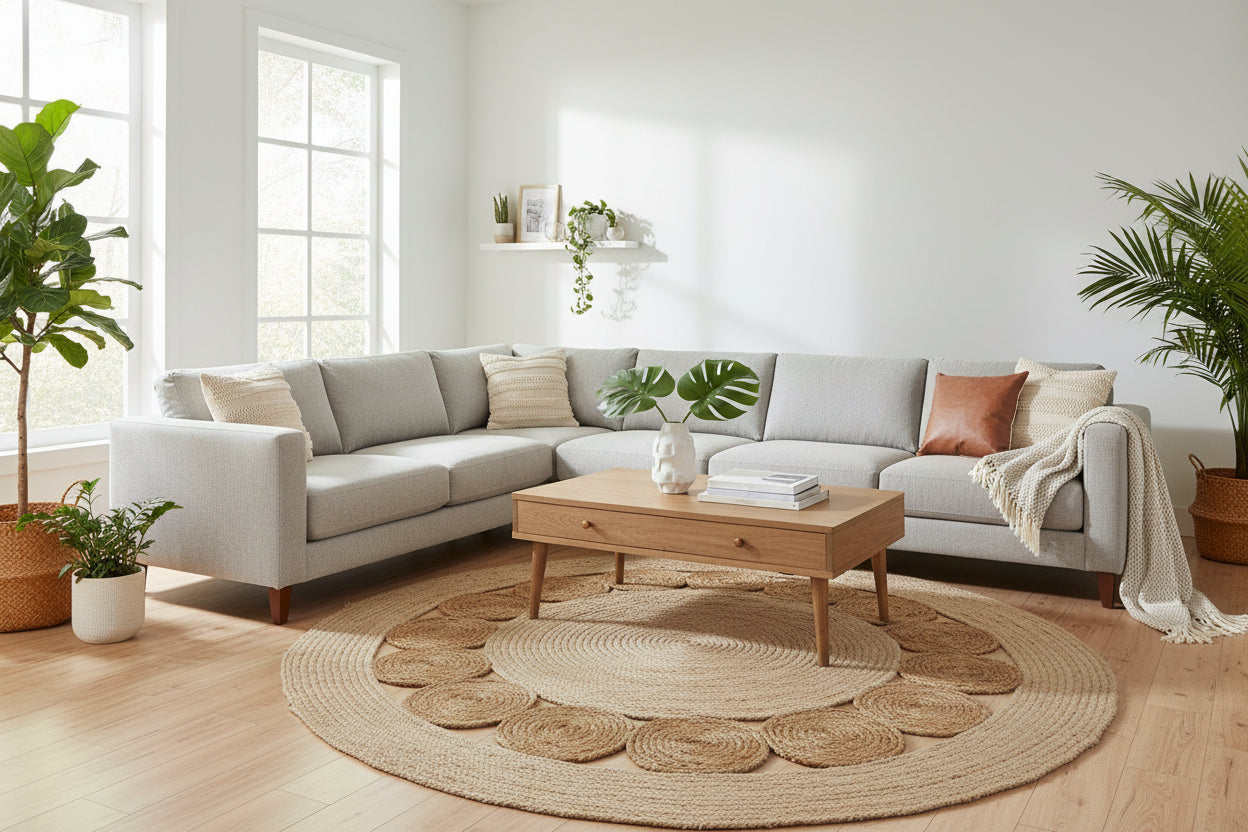 Runder, geflochtener Teppich. Nur solange der Vorrat reicht.