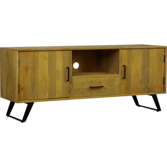 Boyd A mangohout tv kast van 145 cm met 3 deuren en zwart metalen poten, geschikt voor woonkamerinrichting.
