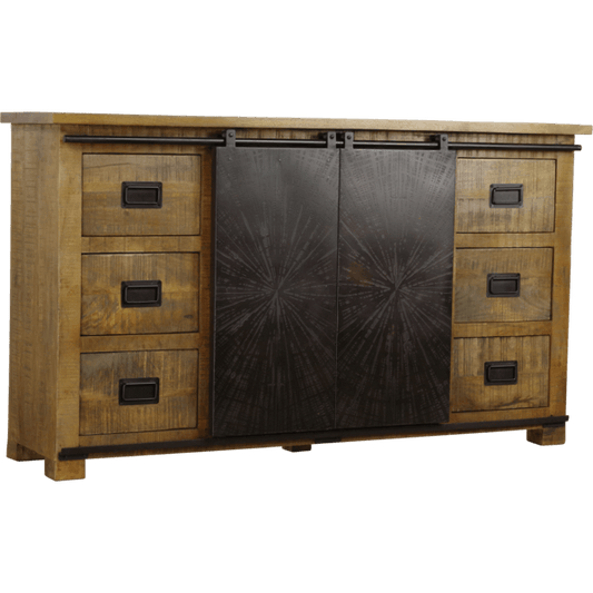 Bradley Dressoir met massief houten ontwerp en industriële metalen schuifdeuren.