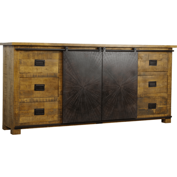 Bradley Dressoir met houten structuur en zwarte metalen schuifdeuren, industriële uitstraling, veel opbergruimte.